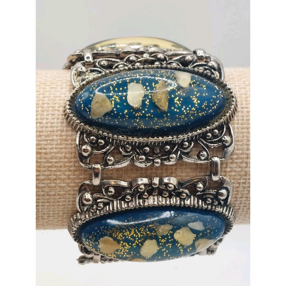 1950s Blue Confetti Lucite Statement Bracelet Silver Chunky Vintage Maximalist